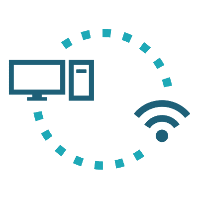 Computer linked to Wi-Fi via dotted circular lines symbol