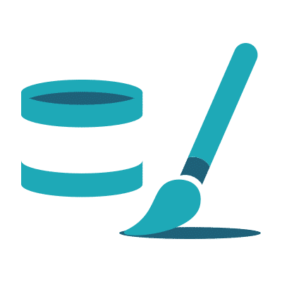 A teal paintbrush beside an open teal paint can on a surface