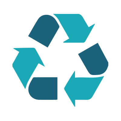 Teal and dark blue recycling symbol with three interlocking arrows