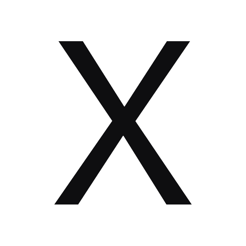 Black letter "X" stands centrally against a plain white background, creating a simple, bold design.